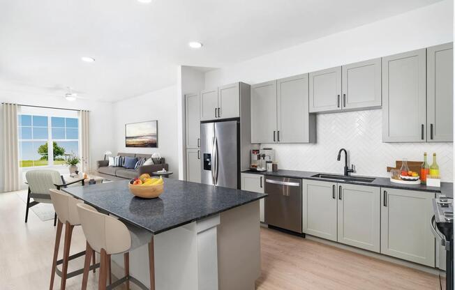 Gourmet kitchens with leathered granite countertops and single-basin sinks with pull-down faucets.