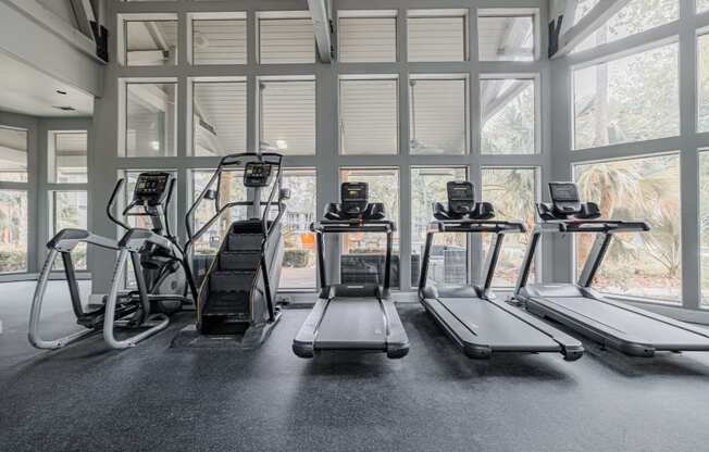 the gym at the monarch club has cardio equipment and a large window