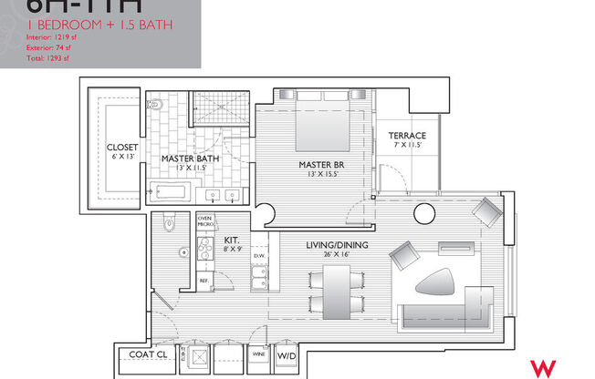 1 bed, 1.5 baths, 1,220 sqft, $4,500, Unit 6H