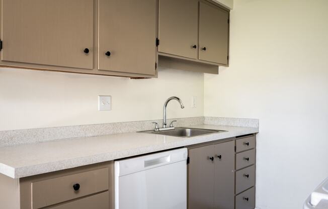 an empty kitchen with white cabinets and a sink