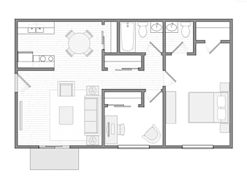 2 beds, 1.5 baths, 696 sqft, $1,486