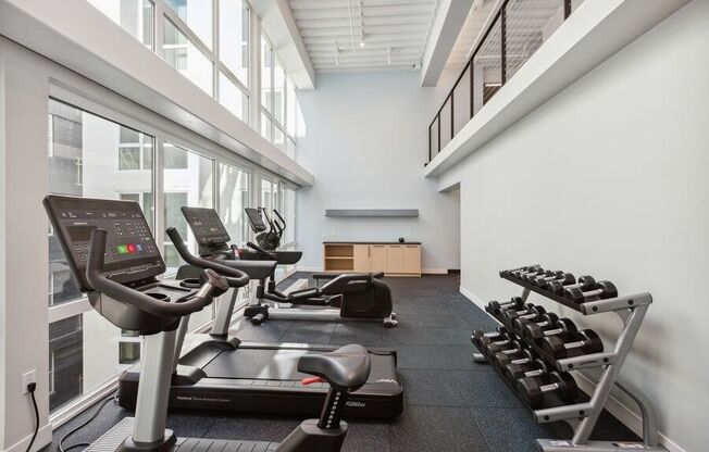 Fitness center with cardio equipment and large sun windows at TL Residences