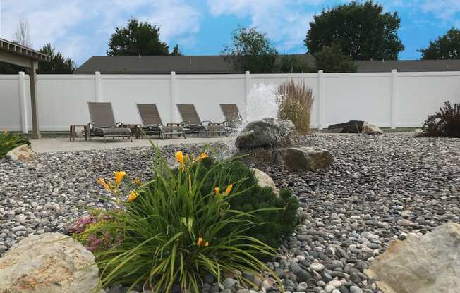 a water feature in a rock garden with rocks and plants at Rock Creek, Billings, MT