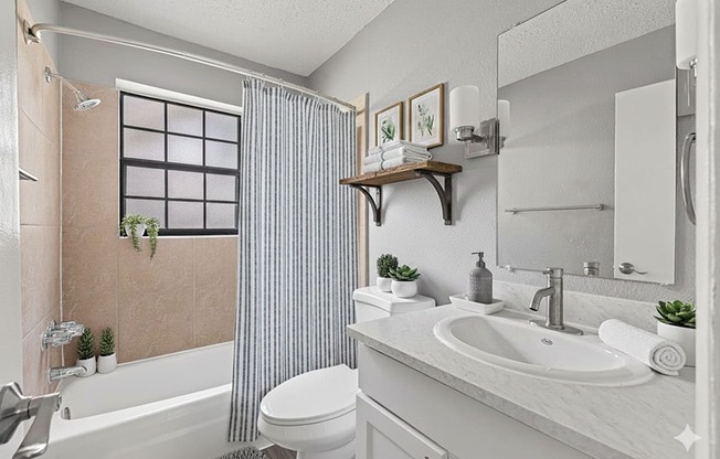 A bathroom with a white sink, toilet, and a shower with a glass door.