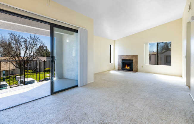 Carpeted Living Room with Balcony and Fireplace