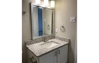 a double sink and a mirror