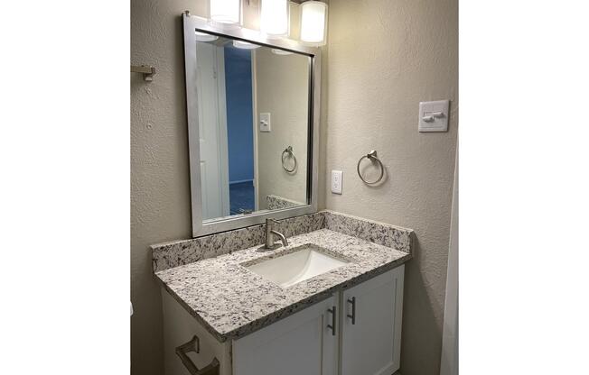 a double sink and a mirror