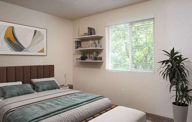 A bedroom with a large bed and a potted plant.