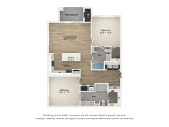 2 beds, 2 baths, 1,199 sqft, $1,399