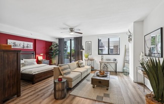 a living room with a couch and a bed