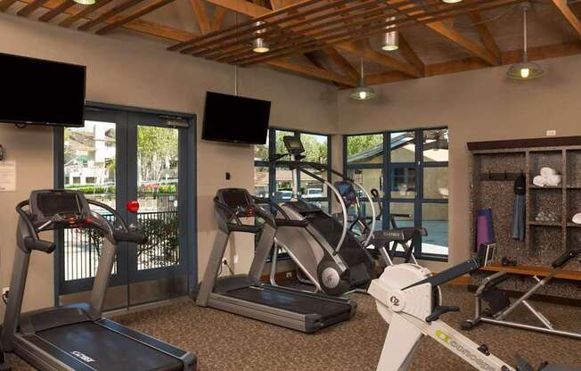 A gym with treadmills, exercise bikes, and a television.