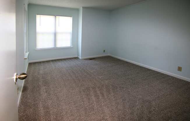 A room with a carpeted floor and a window with blinds.