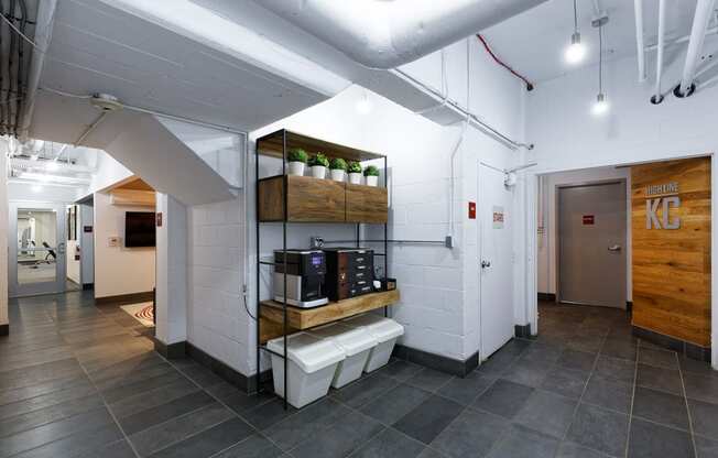 Complimentary coffee bar for The KC High Line Apartments in Kansas City, MO