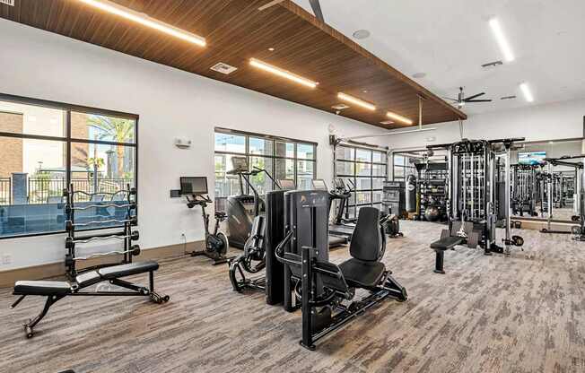 A gym with a variety of equipment including a bench press, a leg press, and a rowing machine.