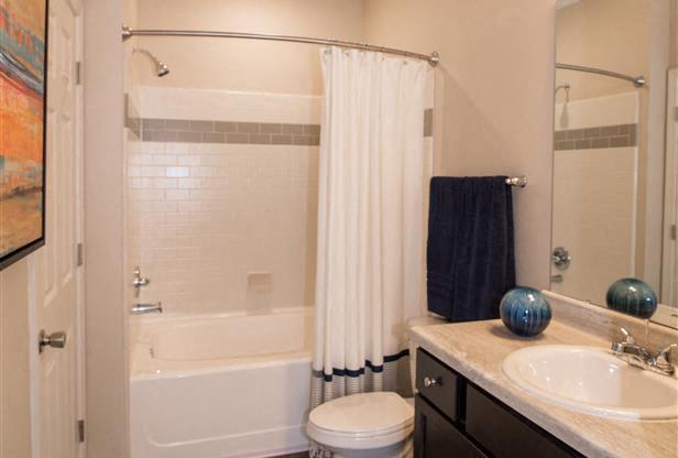 stylish bathroom: sink, toilet, and shower