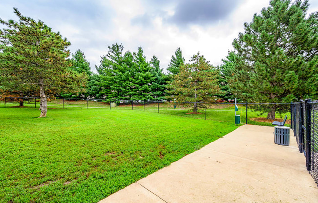 a grassy area with trees and a chain link fence