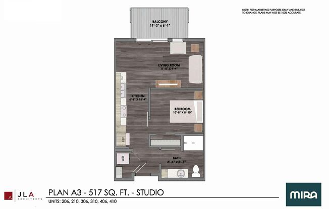 Studio, 1 bath, 517 sqft, $1,250, Unit #206