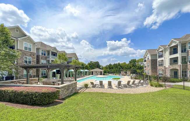 Pool with swim lane and cabanas