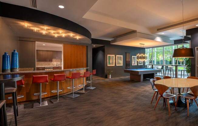 Clubroom with billiards and bar seating