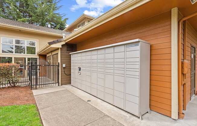 A modern house with a grey garage door.
