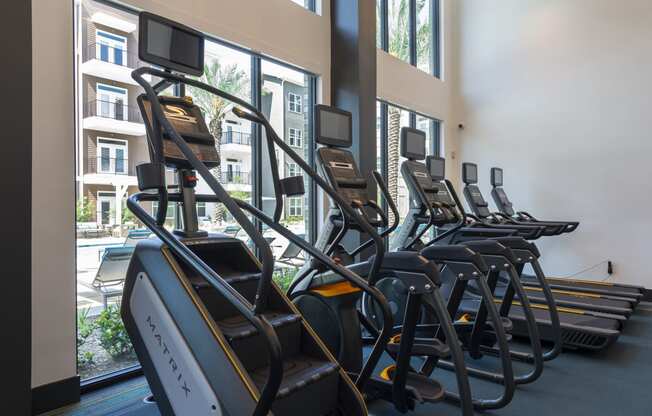 a row of cardio machines in a gym