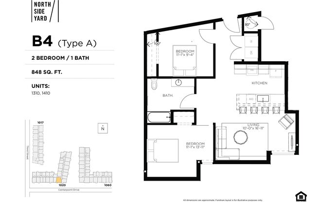 2 beds, 1 bath, 848 sqft, $1,595, Unit 1410
