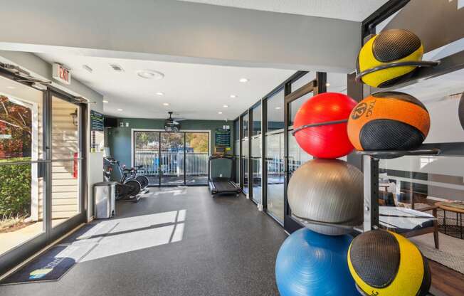 the gym has a variety of balls and weights on a rack