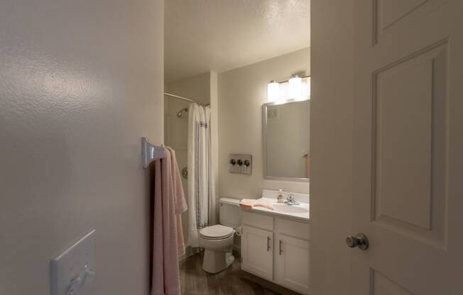 This is a photo of the primary bathroom in the 1100 square foot 2 bedroom Kettering floor plan at Washington Park Apartments in Centerville, OH.