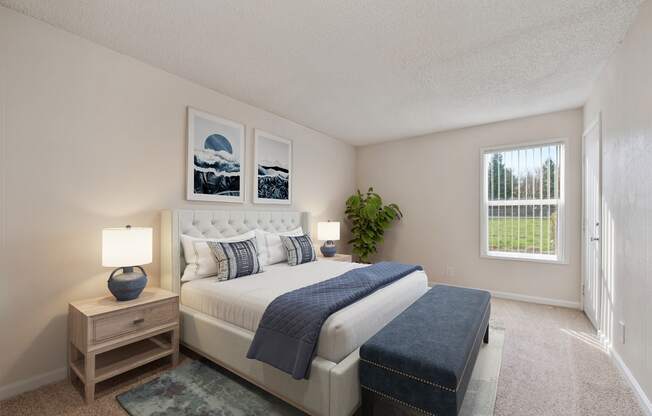 the preserve at ballantyne commons bedroom with bed and window at Vineyard Terrace Apartments, California