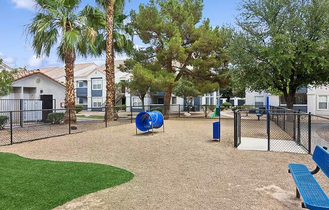 Community Dog Park with Agility Equipment at Monterra Apartments located in Las Vegas, NV.