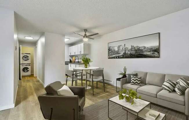 A living room with a grey couch, a coffee table, and a framed picture on the wall.