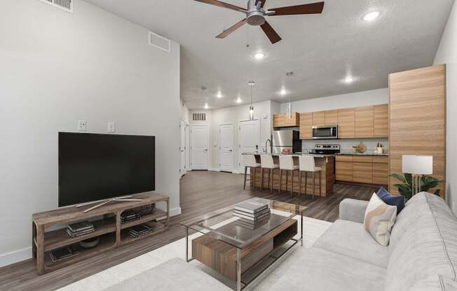 A modern living room with a flat screen TV and a kitchen area in the background.