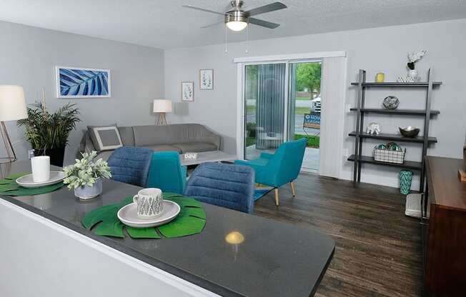 Mandarin Bay Apartments in Jacksonville - Living Room With Stylish Decor, Ceiling Fan, Wood-Style Flooring, and Access to Patio/Balcony