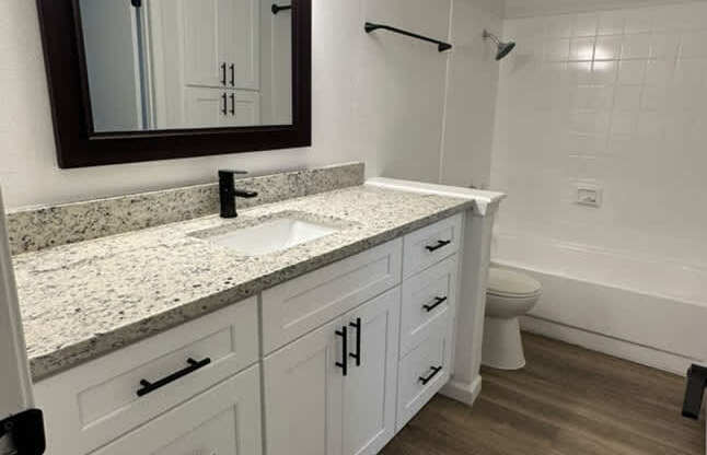 A bathroom with a sink, mirror, and toilet.