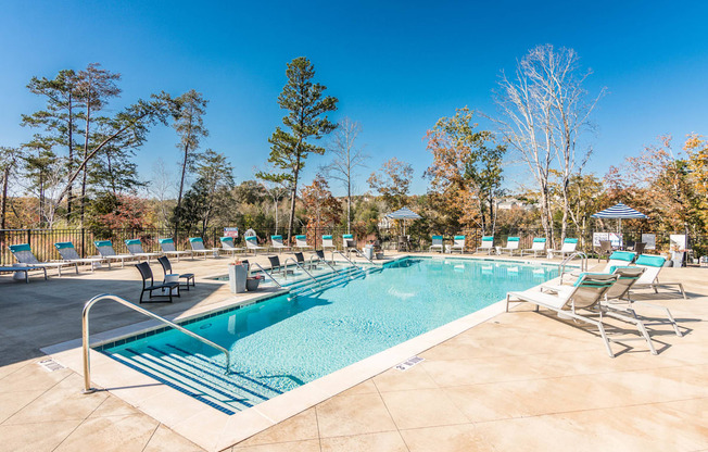 our resort style swimming pool is surrounded by lounge chairs and trees at Village at Westland Cove Apartments, Tennessee