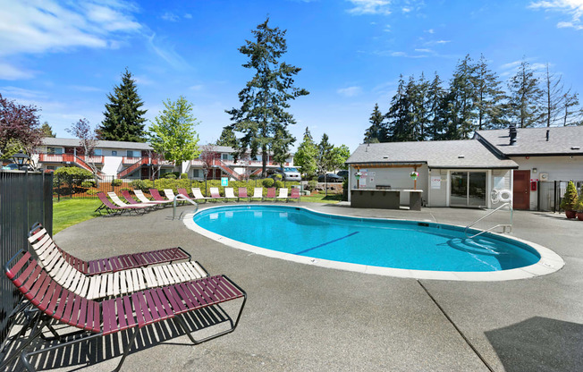 Large Pool with Lounge Chairs and Trees in the Background at Pinewood Square Apartment Homes, Washington, 98087