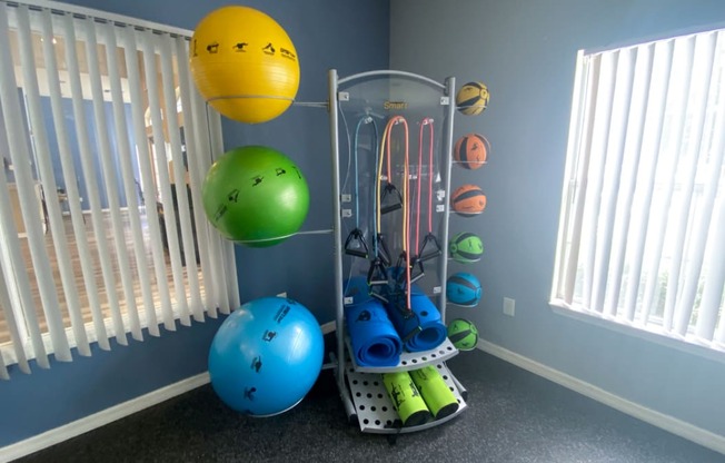 Fitness center equipped with yoga mats, weighted medicine balls, and resistant bands