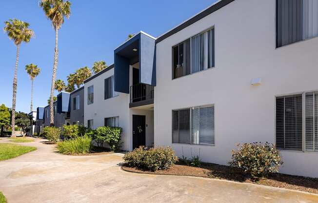 A row of modern houses with white walls and dark blue trim.