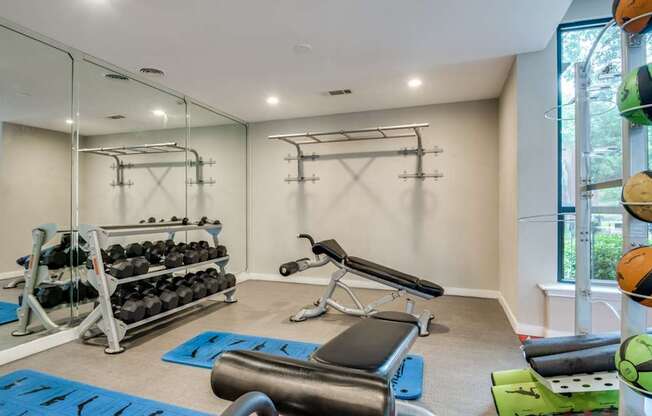 A gym with a variety of equipment including dumbbells, weight plates, and a bench press.