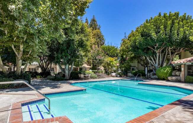 a swimming pool with trees in the background