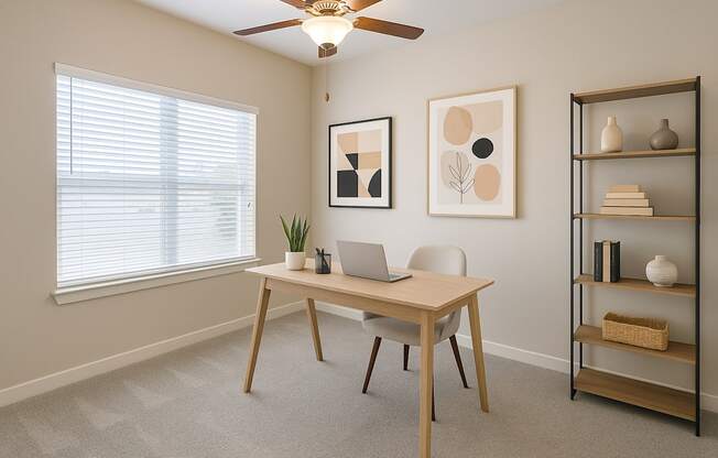 A room with a table, chairs, and a shelf with decorative items.