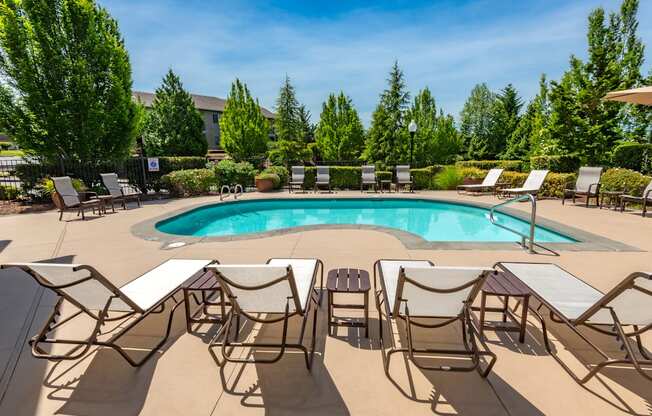 A pool surrounded by chairs and trees.