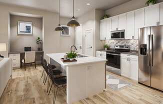 1 Bedroom Kitchen and desk at Solstice Marana Apartments in Tucson Arizona 2024