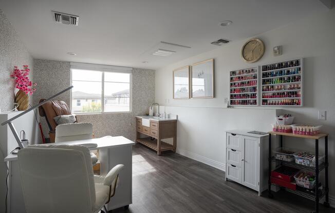 a room filled with furniture and a refrigerator