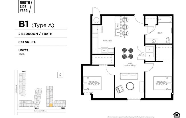 2 beds, 1 bath, 873 sqft, $1,595, Unit 2209
