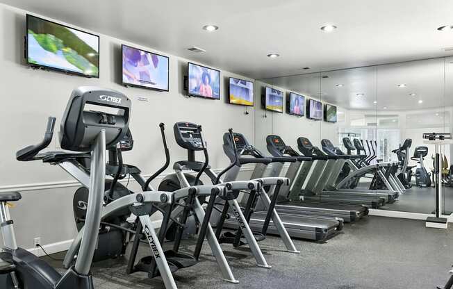 A gym with treadmills and exercise bikes.