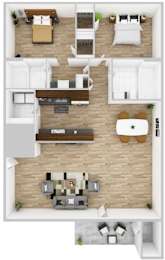 A floor plan of a house with a living room, dining room, kitchen, and two bedrooms.