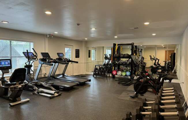 a gym with cardio equipment and weights on the floor