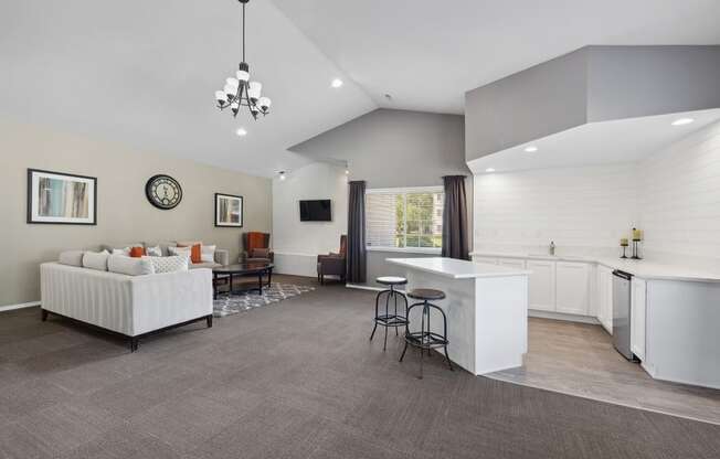 a living room with a couch and a kitchen with a counter