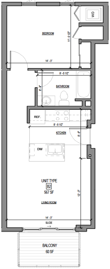 1 bed, 1 bath, 567 sqft, $2,395, Unit B207